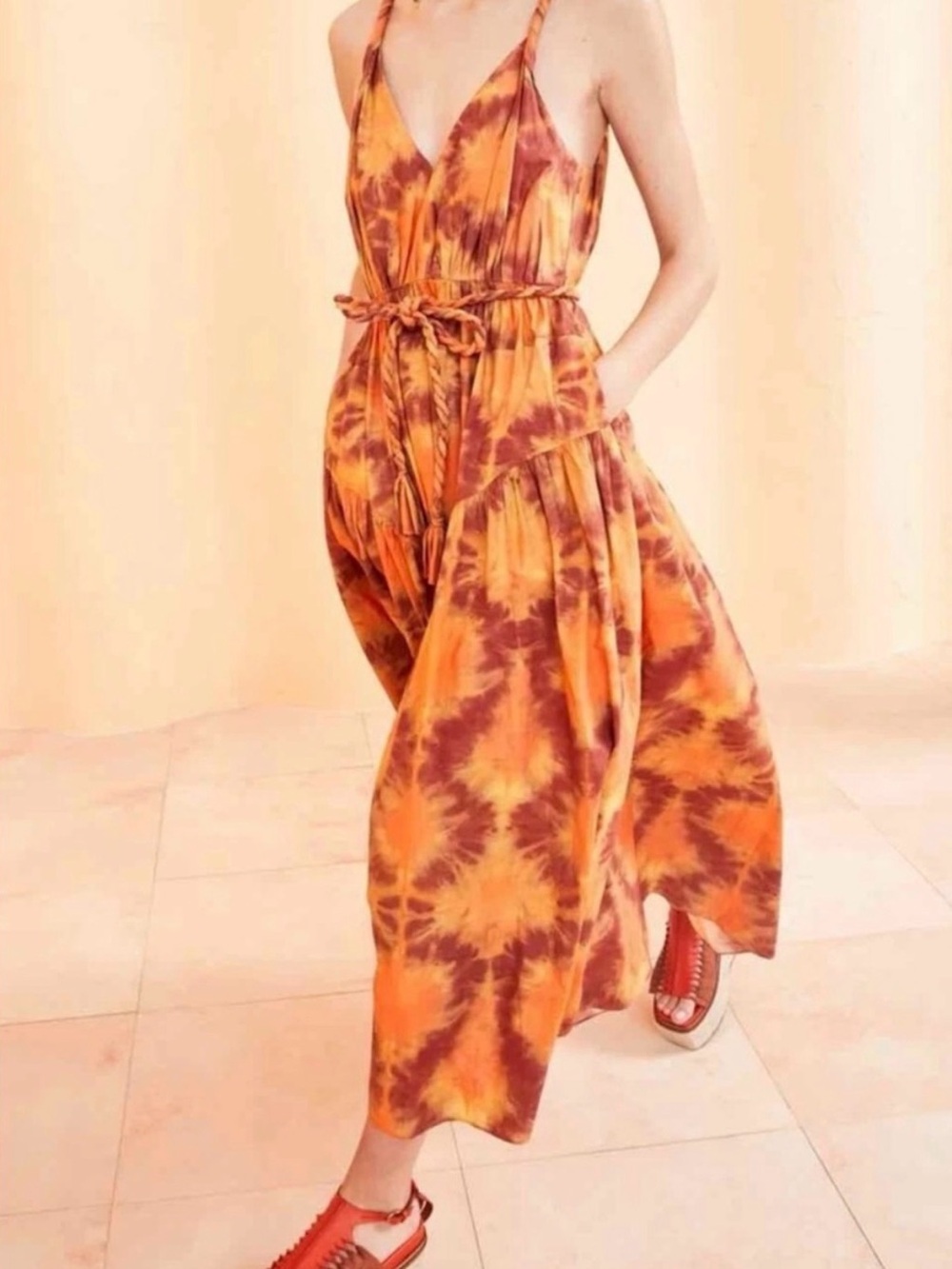Ulla Johnson Valentina Tie-Dye Orange Brown & Green Midi Maxi Sundress SZ 8